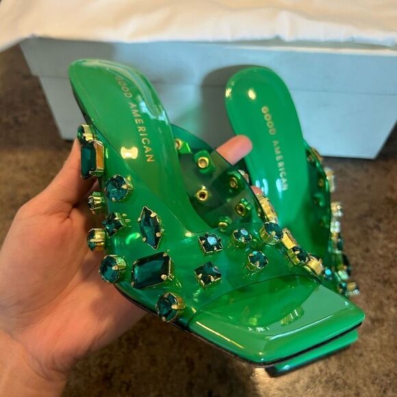 NWT Size 5 Good American Jeweled Emma Slip Heel Summer Green Diamonds - Picture 4 of 13